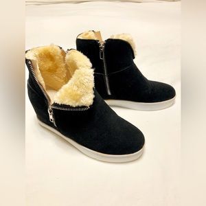 Black Suede Wedge Booties with Faux Fur Lining. Barely worn. Like new.